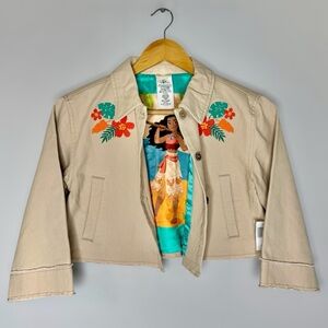New Disney Moana Embroidered Cropped 3/4 Sleeve Kid Jacket w/ Floral Embroidery